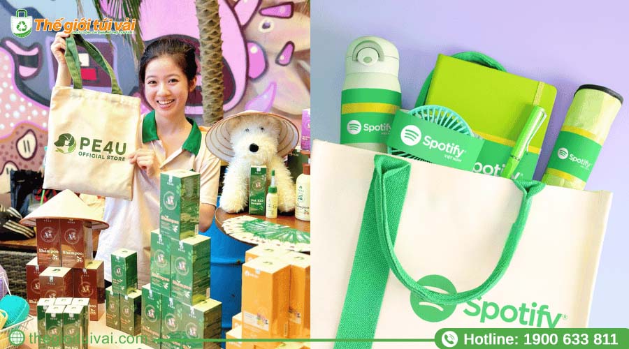 Bộ quà tặng gồm túi vải, bình nước mang nhận diện thương hiệu