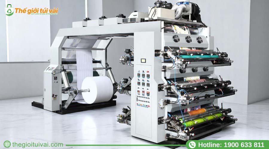 Máy in flexo đang in trên cuộn vải không dệt