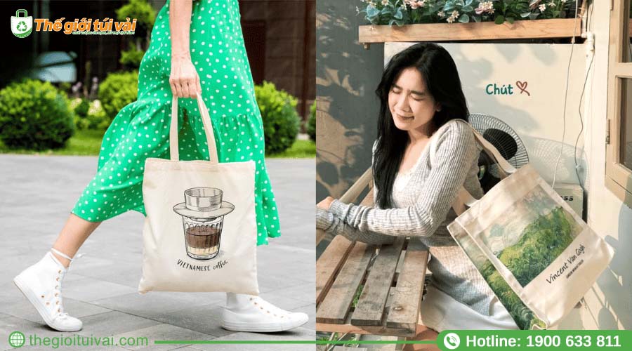 Người dùng mang túi canvas in logo doanh nghiệp đi dạo phố