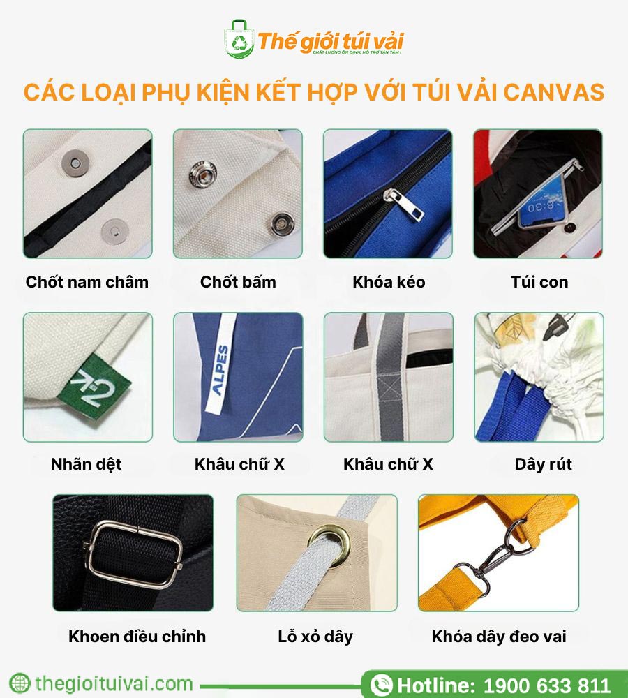 Các loại phụ kiện kết hợp với túi vải canvas