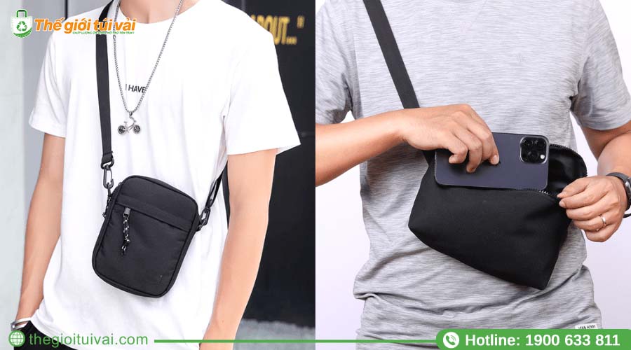 Túi canvas đeo chéo mini màu đen kèm khóa kéo kim loại Túi canvas đeo chéo mini màu đen kèm khóa kéo kim loại