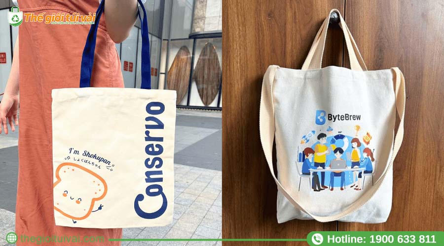 Túi canvas trắng in logo nhiều màu Túi canvas trắng in logo nhiều màu