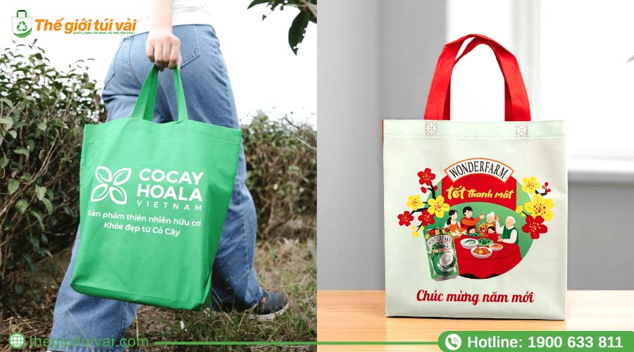 Túi vải không dệt với hình in bằng kỹ thuật in lụa và in chuyển nhiệt Túi vải không dệt với hình in bằng kỹ thuật in lụa và in chuyển nhiệt