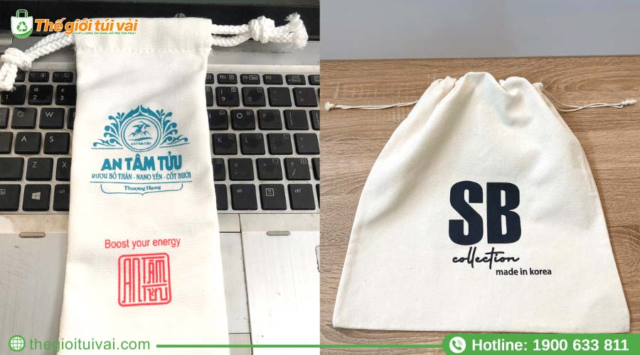 Túi rút màu trắng, logo thương hiệu in giữa túi Túi rút màu trắng, logo thương hiệu in giữa túi