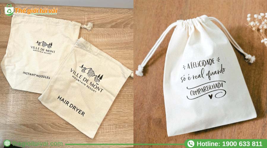 Túi rút canvas với dòng chữ slogan thương hiệu in nhỏ Túi rút canvas với dòng chữ slogan thương hiệu in nhỏ