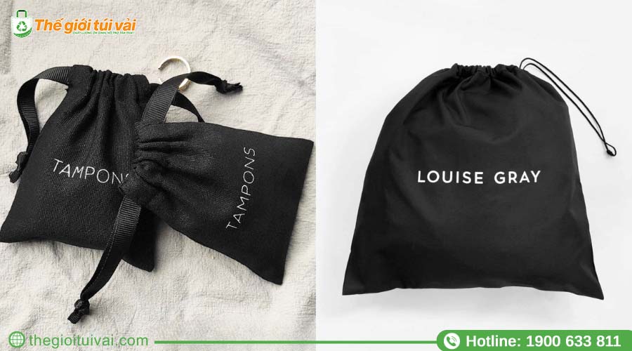 Túi rút canvas màu đen in dòng chữ trắng sắc nét ở trung tâm Túi rút canvas màu đen in dòng chữ trắng sắc nét ở trung tâm