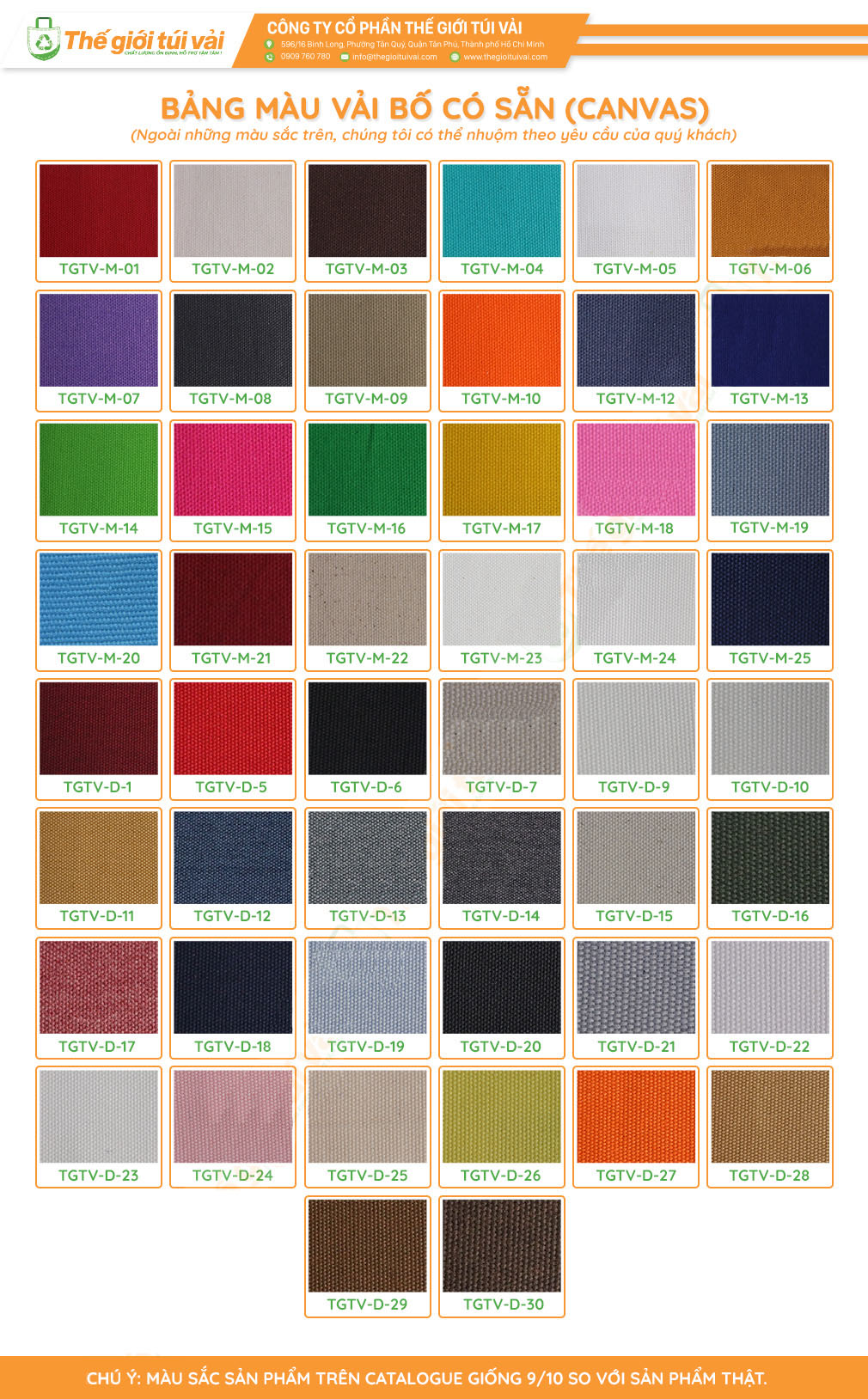 Bảng màu catalogue túi vải bố canvas có sẵn Bảng màu catalogue túi vải bố canvas có sẵn