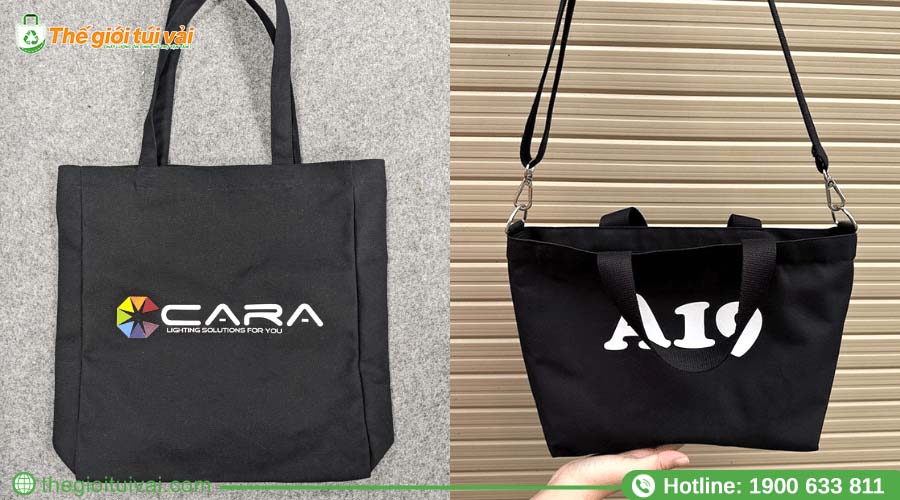 Túi vải bố màu đen tuyền, in logo màu trắng Túi vải bố màu đen tuyền, in logo màu trắng