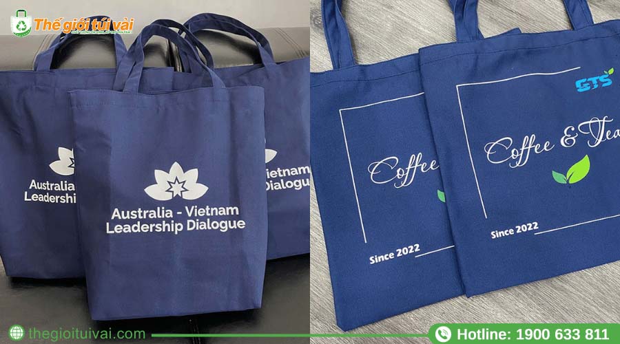 Túi vải bố màu xanh navy, in logo màu trắng Túi vải bố màu xanh navy, in logo màu trắng