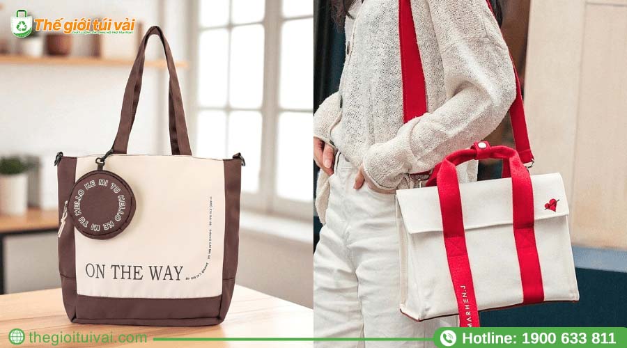 Chiếc túi tote bố vải với thiết kế logo nhỏ gọn ở góc dưới Chiếc túi tote bố vải với thiết kế logo nhỏ gọn ở góc dưới