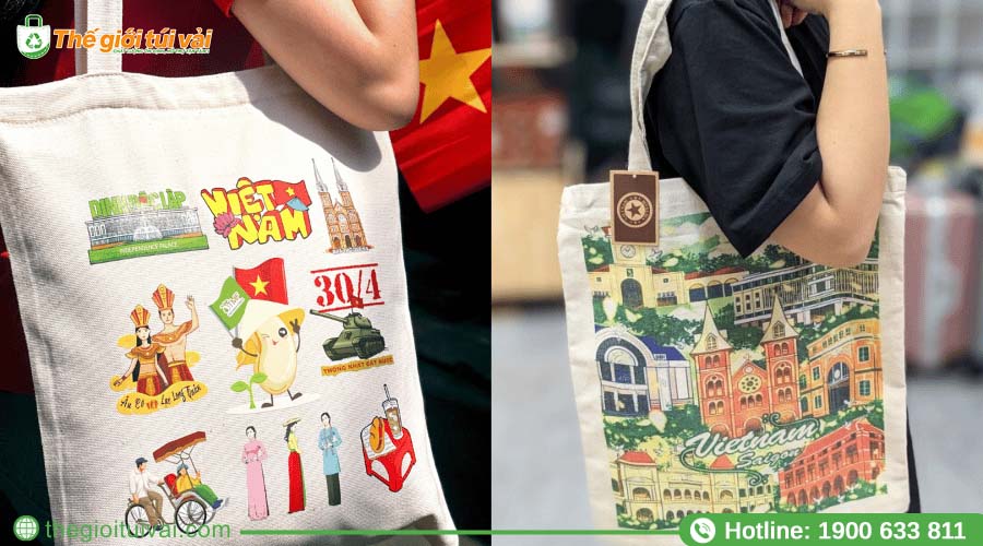 Chiếc túi bố vải với hình in minh họa nghệ thuật đầy màu sắc Chiếc túi bố vải với hình in minh họa nghệ thuật đầy màu sắc