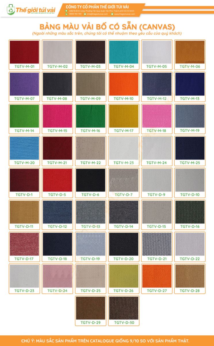 Bảng màu catalogue túi vải bố canvas có sẵn Bảng màu catalogue túi vải bố canvas có sẵn
