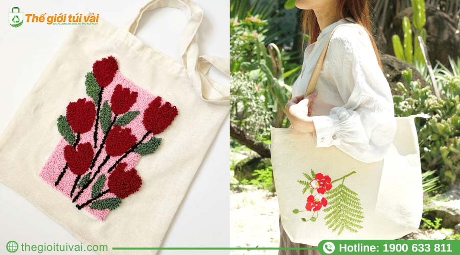 Túi canvas thêu thủ công tên thương hiệu bằng chỉ màu nổi Túi canvas thêu thủ công tên thương hiệu bằng chỉ màu nổi