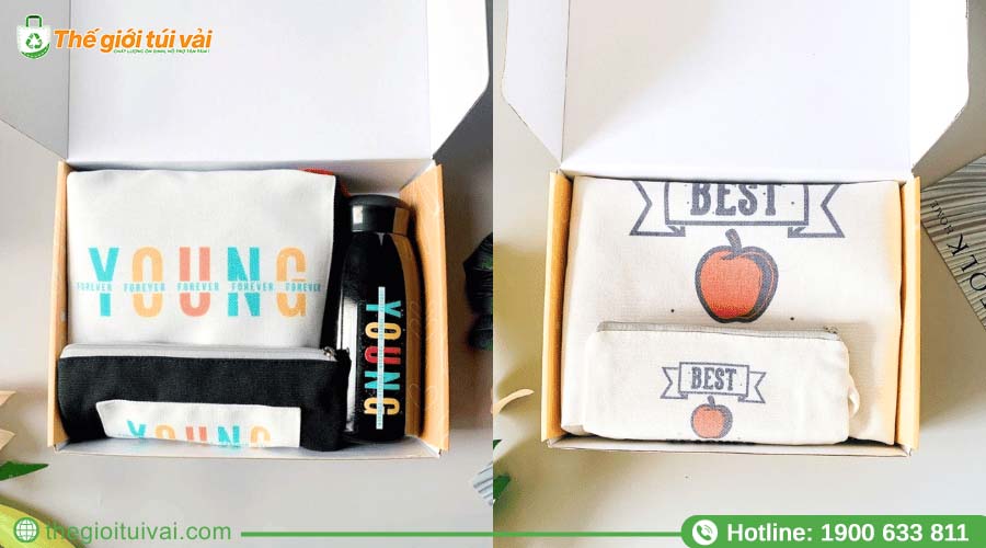 Bộ quà tặng gồm túi canvas nhỏ in logo và ví mini đi kèm Bộ quà tặng gồm túi canvas nhỏ in logo và ví mini đi kèm