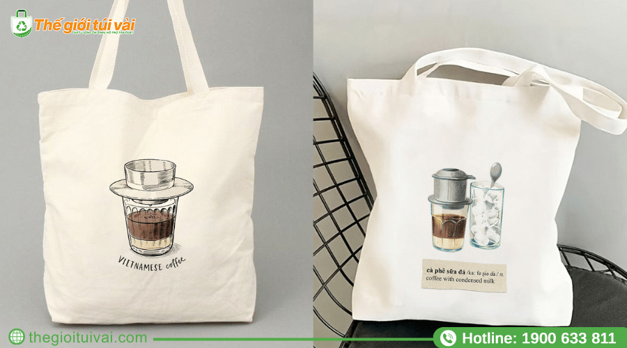 Túi tote trắng in hình ảnh sản phẩm tách cà phê nghệ thuật Túi tote trắng in hình ảnh sản phẩm tách cà phê nghệ thuật