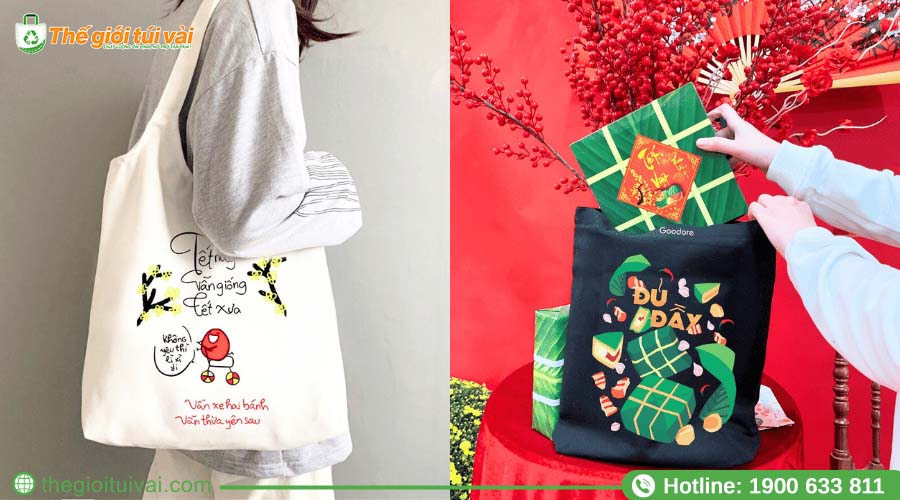 Túi vải bố canvas in hình hoa mai, bánh chưng Túi vải bố canvas in hình hoa mai, bánh chưng