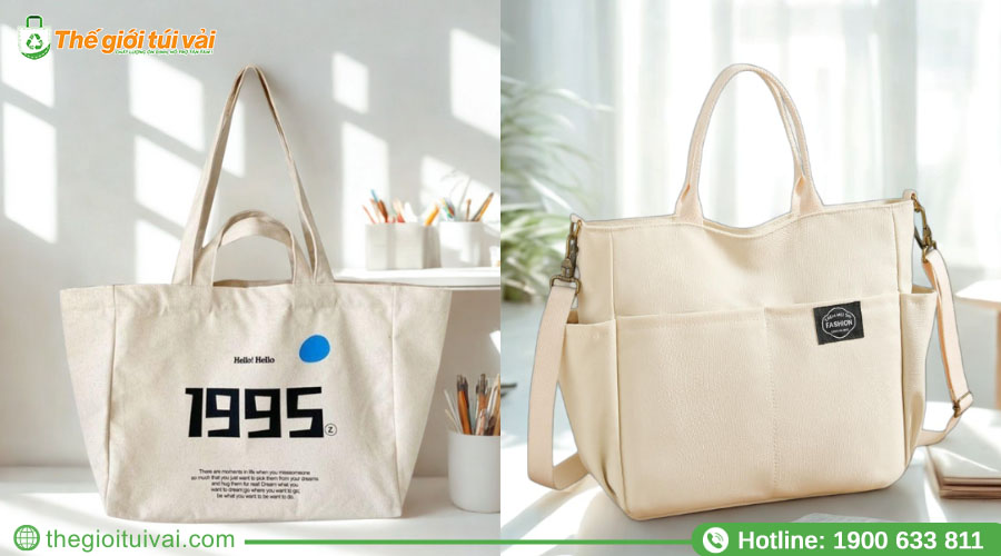 Mẫu túi tote đeo chéo canvas màu kem phối logo đen Mẫu túi tote đeo chéo canvas màu kem phối logo đen