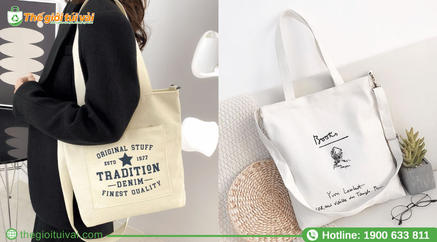Túi canvas trắng đeo chéo in chữ đen chính giữa túi Túi canvas trắng đeo chéo in chữ đen chính giữa túi