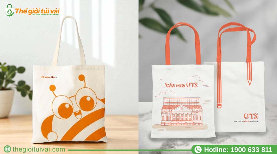 Túi canvas trắng in logo lớn màu cam nổi bật Túi canvas trắng in logo lớn màu cam nổi bật