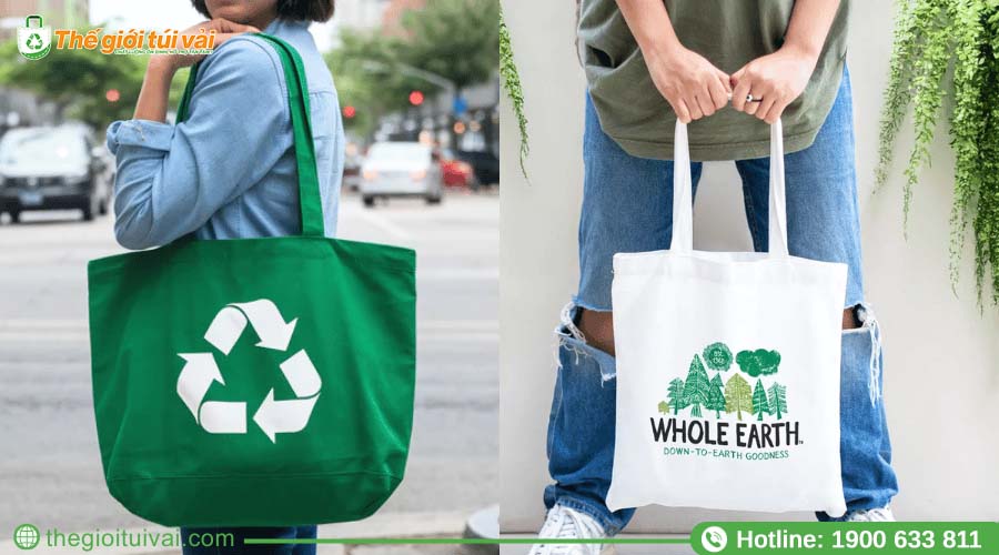 Túi canvas in biểu tượng tái chế và thông điệp xanh Túi canvas in biểu tượng tái chế và thông điệp xanh