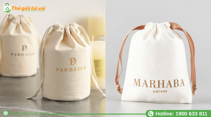 Bao bì túi rút canvas kèm logo thương hiệu mỹ phẩm Bao bì túi rút canvas kèm logo thương hiệu mỹ phẩm