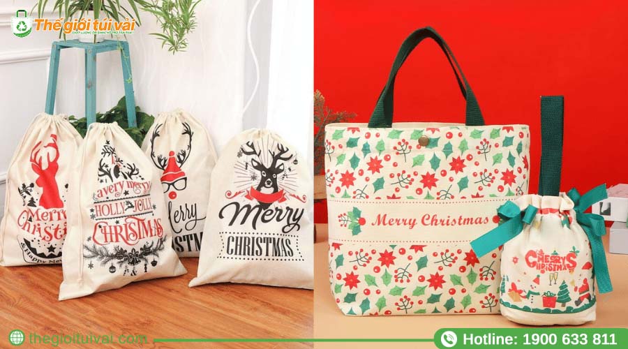Túi rút vải bố in hình mùa lễ hội tặng kèm cho khách hàng dịp cuối năm Túi rút vải bố in hình mùa lễ hội tặng kèm cho khách hàng dịp cuối năm