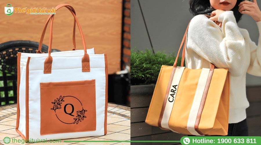 Mẫu túi canvas phối da quai màu nâu Mẫu túi canvas phối da quai màu nâu