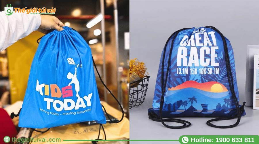 Túi dây rút vải dù phối màu nổi bật, in logo thương hiệu ở mặt trước Túi dây rút vải dù phối màu nổi bật, in logo thương hiệu ở mặt trước