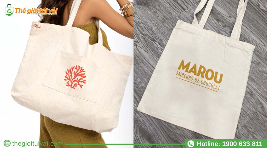 Chiếc túi vải bố màu be in duy nhất logo đơn giản Chiếc túi vải bố màu be in duy nhất logo đơn giản