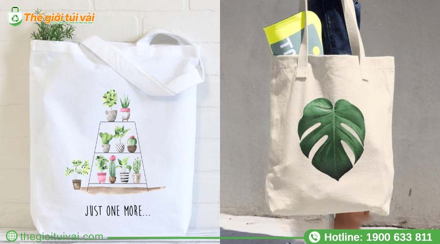 Túi vải bố in họa tiết lá cây cách điệu bằng gam màu xanh lá Túi vải bố in họa tiết lá cây cách điệu bằng gam màu xanh lá