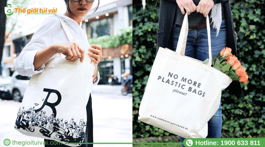 Túi canvas màu trắng sữa in chữ đen sắc nét Túi canvas màu trắng sữa in chữ đen sắc nét