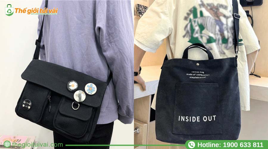 Túi canvas dạng đứng, có quai dài và thêm dây đeo chéo Túi canvas dạng đứng, có quai dài và thêm dây đeo chéo