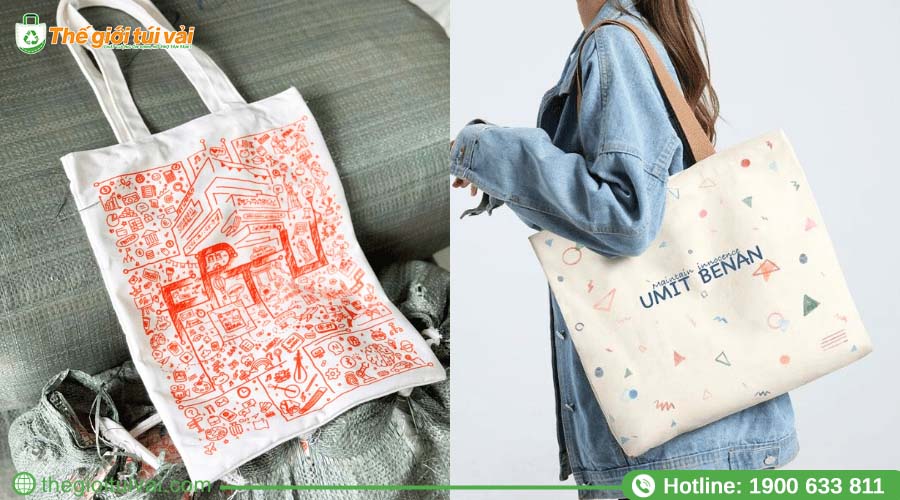 Mẫu túi canvas được in thử để kiểm tra màu sắc và bố cục logo Mẫu túi canvas được in thử để kiểm tra màu sắc và bố cục logo