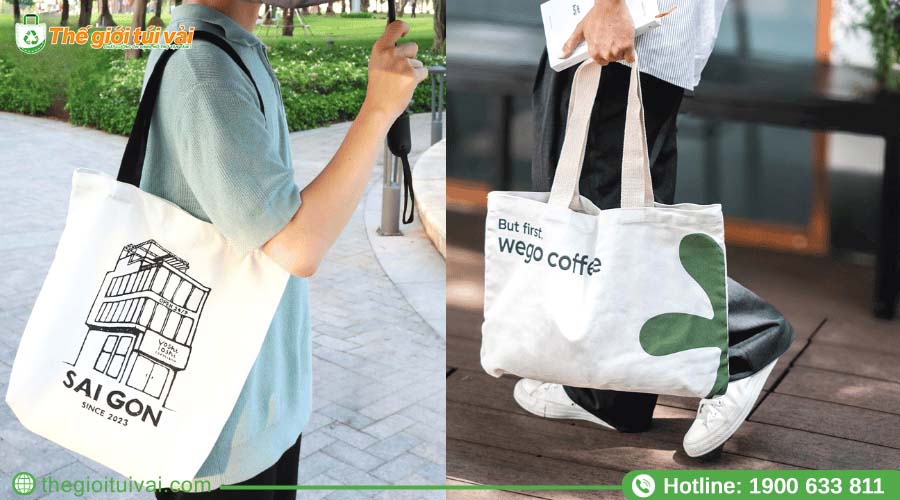 Chiếc túi vải canvas được in ấn thông tin thương hiệu rõ nét Chiếc túi vải canvas được in ấn thông tin thương hiệu rõ nét
