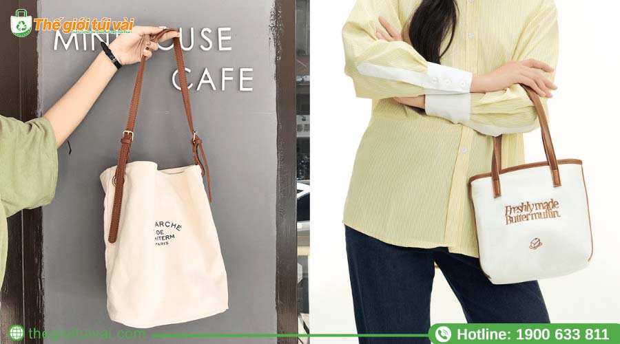 Túi canvas trắng phối quai da nâu nổi bật Túi canvas trắng phối quai da nâu nổi bật
