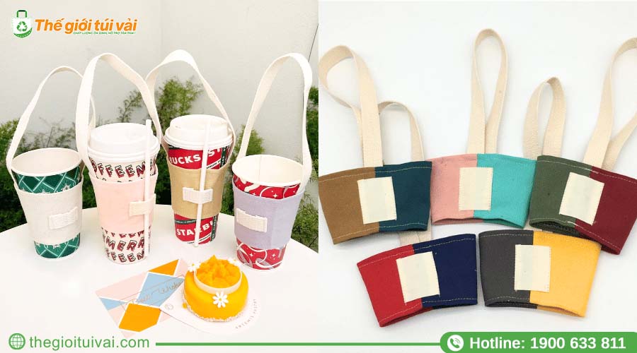 Quai vải đựng ly có ngăn cài ống hút bên hông, phối màu pastel Quai vải đựng ly có ngăn cài ống hút bên hông, phối màu pastel
