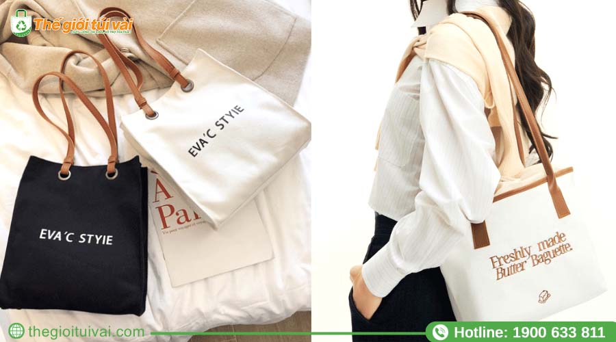 Túi canvas phối quai và đáy túi bằng da nâu trầm Túi canvas phối quai và đáy túi bằng da nâu trầm