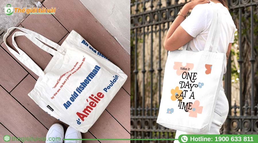 Túi tote canvas in slogan bằng font chữ cổ điển Túi tote canvas in slogan bằng font chữ cổ điển