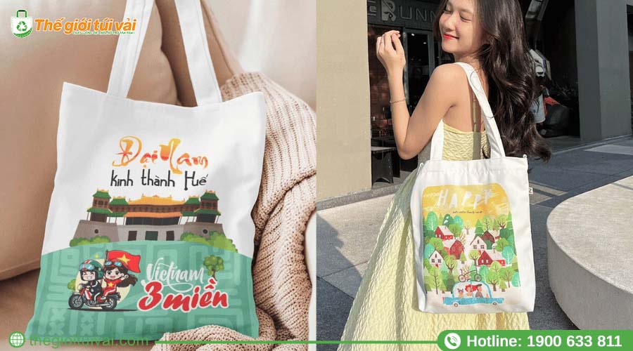 Túi tote vải bố với hình ảnh hoặc họa tiết được in tràn viền