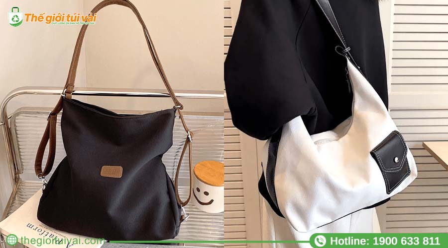 Mẫu túi đeo chéo vải canvas phối da sang trọng Mẫu túi đeo chéo vải canvas phối da sang trọng