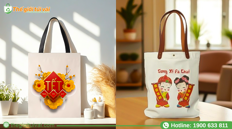 Túi canvas bố phối quai da đựng được set quà Tết sang trọng Túi canvas bố phối quai da đựng được set quà Tết sang trọng