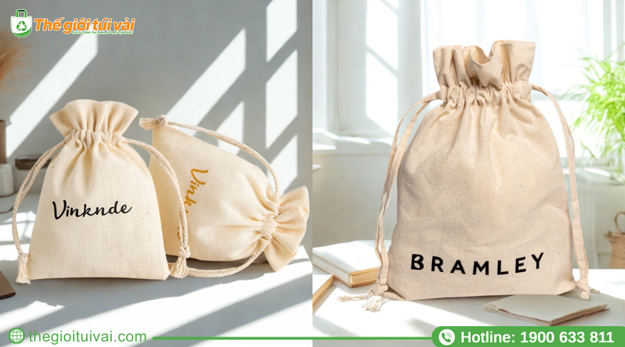 Túi vải bố rút dây gọn nhẹ, tinh tế, in logo nhỏ nổi bật Túi vải bố rút dây gọn nhẹ, tinh tế, in logo nhỏ nổi bật