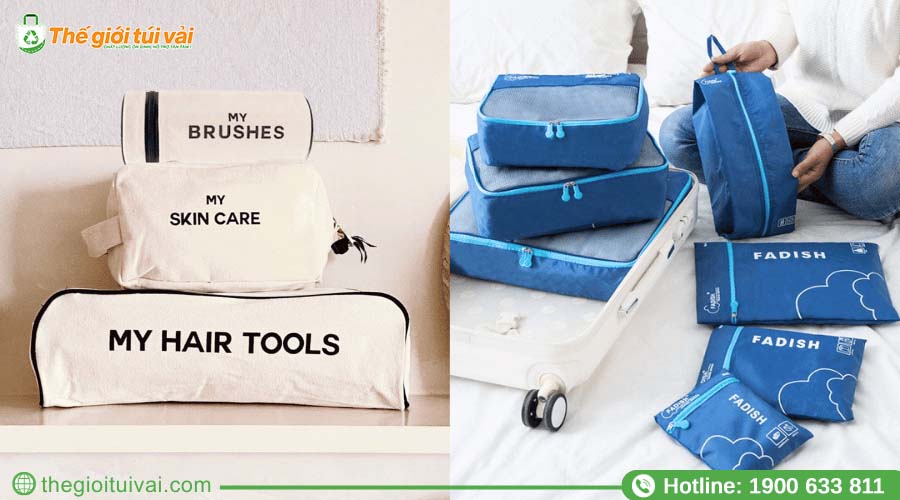 Một set gồm túi du lịch vải bố lớn và một vài túi vải bố nhỏ hơn Một set gồm túi du lịch vải bố lớn và một vài túi vải bố nhỏ hơn