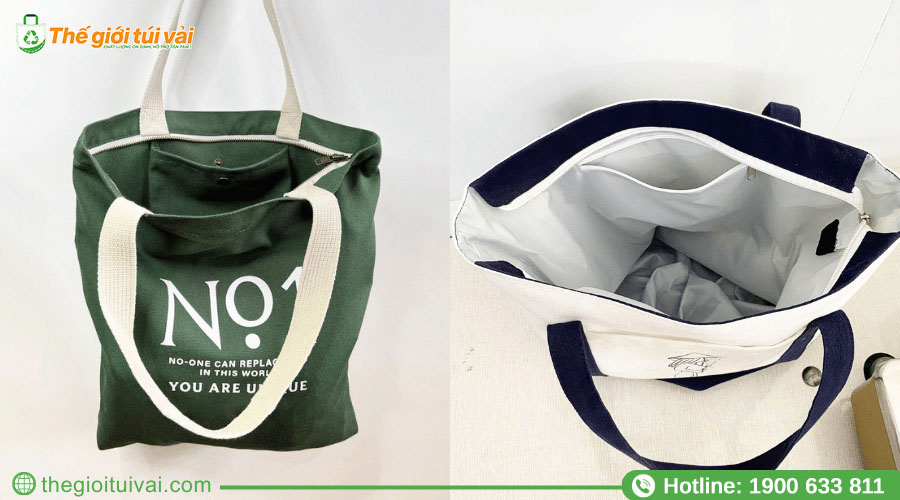 Túi canvas có dây kéo miệng, in logo thương hiệu nổi bật ở mặt trước Túi canvas có dây kéo miệng, in logo thương hiệu nổi bật ở mặt trước