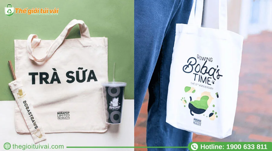 Túi canvas dạng hộp in thương hiệu trà sữa ấn tượng