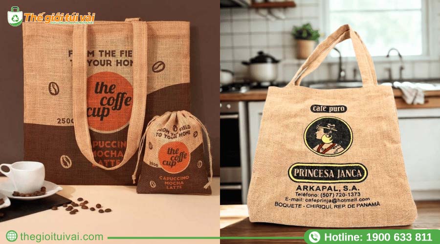 Túi vải đay đựng cà phê có logo thương hiệu được in rõ nét Túi vải đay đựng cà phê có logo thương hiệu được in rõ nét