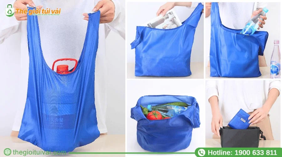 Kích cỡ túi vải dù khi được gấp gọn và mở ra 