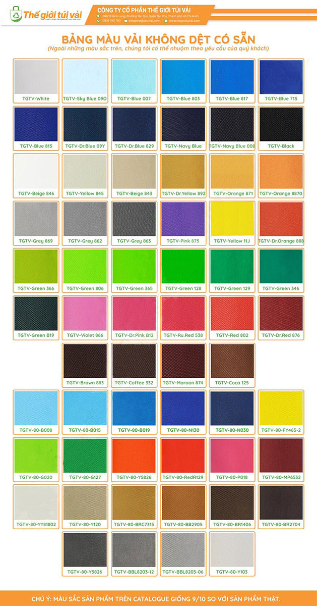 Bảng màu tiêu chuẩn túi vải không dệt tại Thế Giới Túi Vải