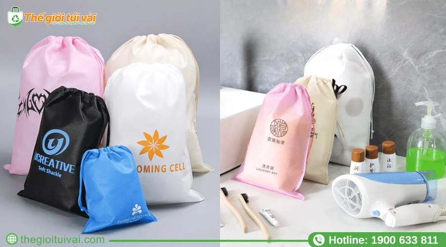 Logo thương hiệu được in ấn trên túi vải dây rút Logo thương hiệu được in ấn trên túi vải dây rút