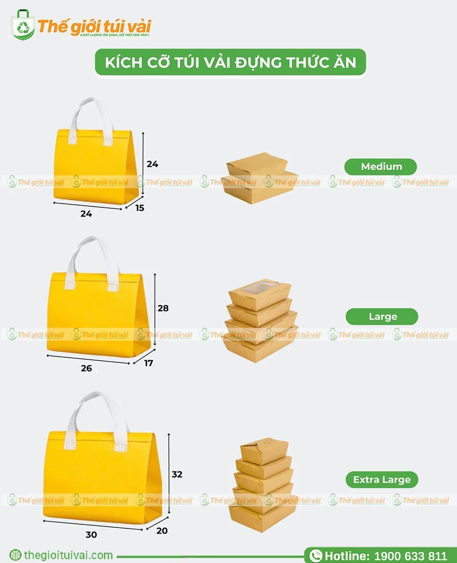 Kích thước đa dạng của túi giữ nhiệt đựng hộp thức ăn